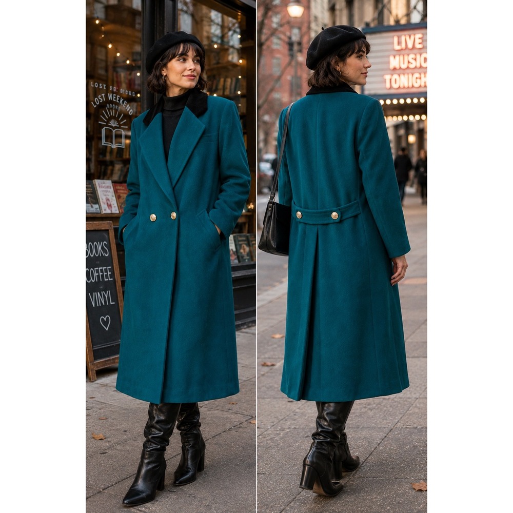 Vintage 80s Andrea Wool Coat 4P Teal Black Collar Gold Buttons ILGWU USA